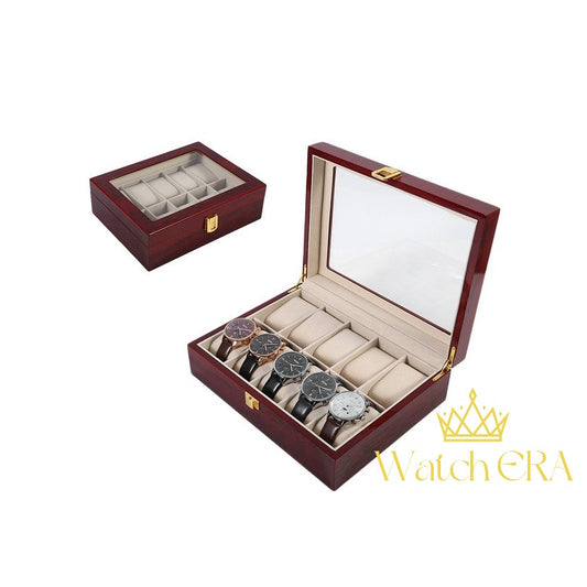 Mahogany Elegance: 10-Watch Storage Case with Microfiber Interior